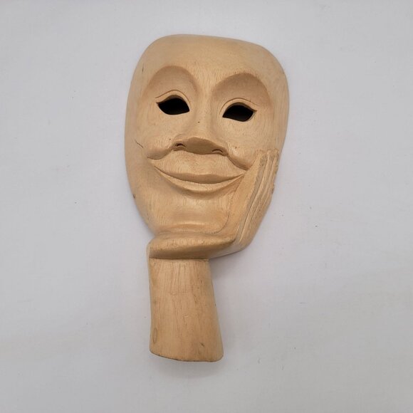 None Other - Carved Hibiscus Wood Theater Mask Wall Hanging